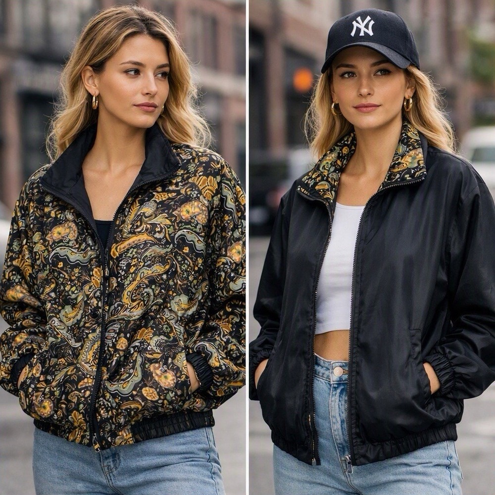 Vintage Silky Reversible Paisley Bomber Jacket Black Satin